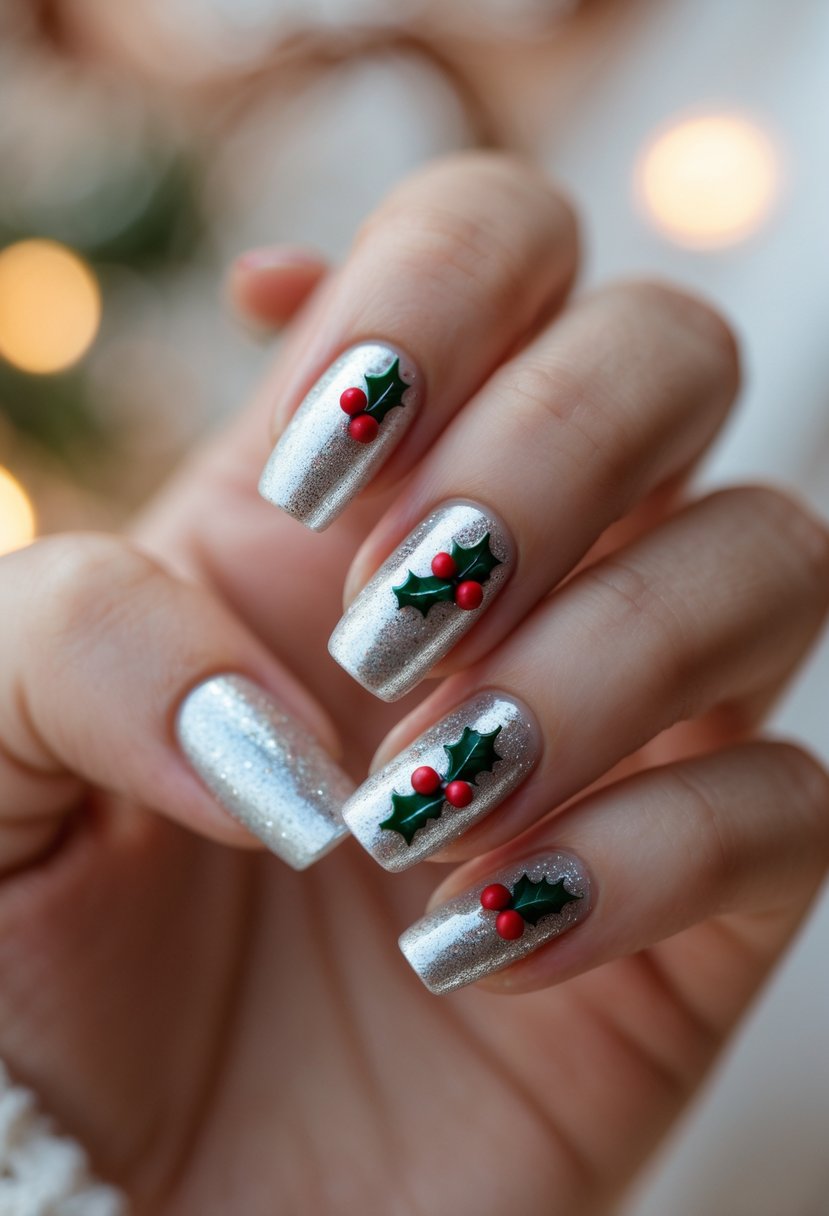 Close-up of a hand with silver shimmer nails decorated with small red holly berries.
