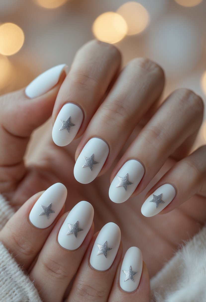 Close-up of hands with frosted white nails decorated with small silver stars.