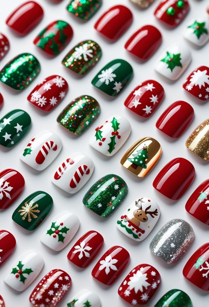 Close-up view of twenty different Christmas-themed nail designs arranged on a white surface.
