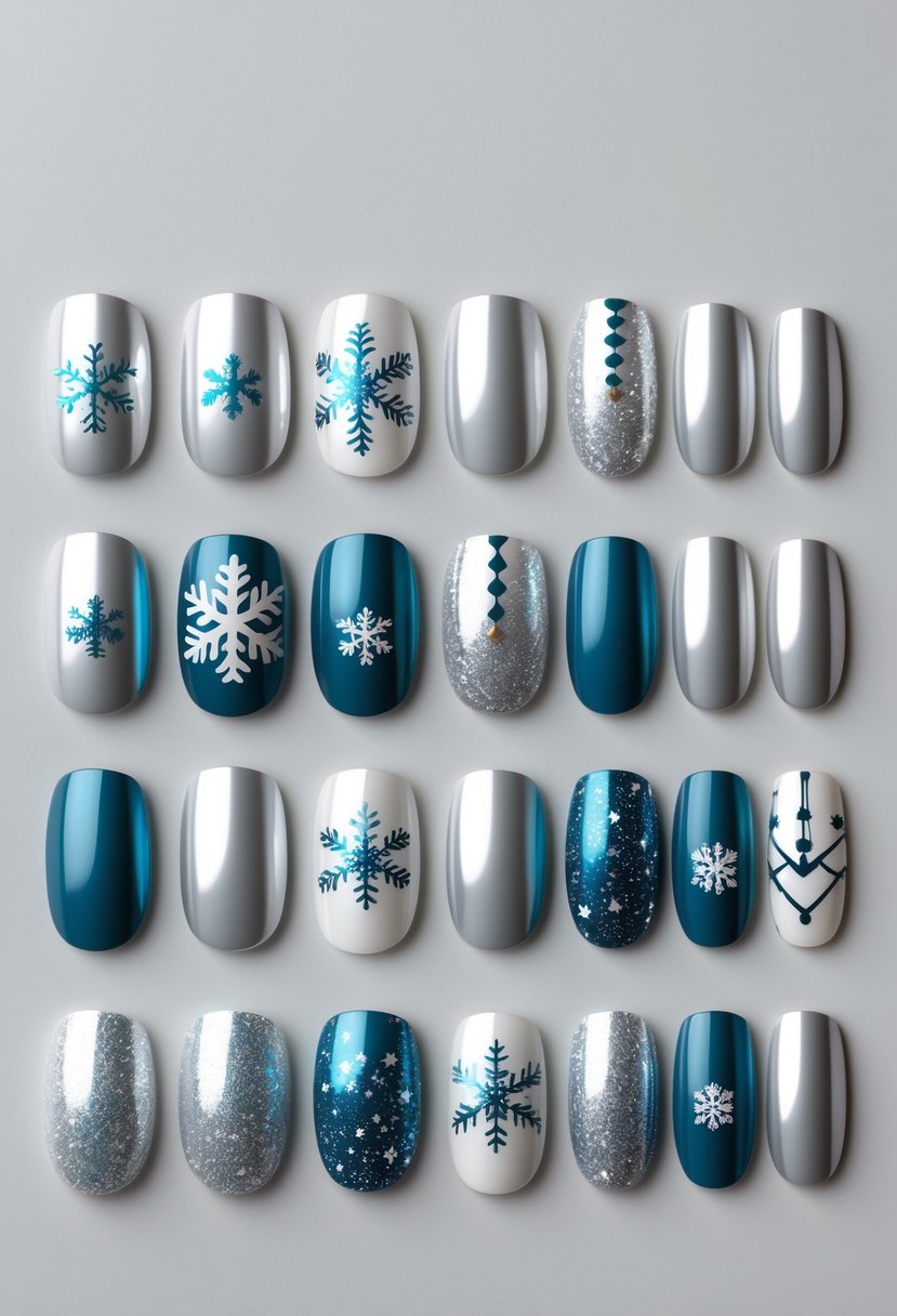 Twenty neatly manicured nails arranged to display silver and blue Christmas-themed designs with snowflakes and metallic accents.