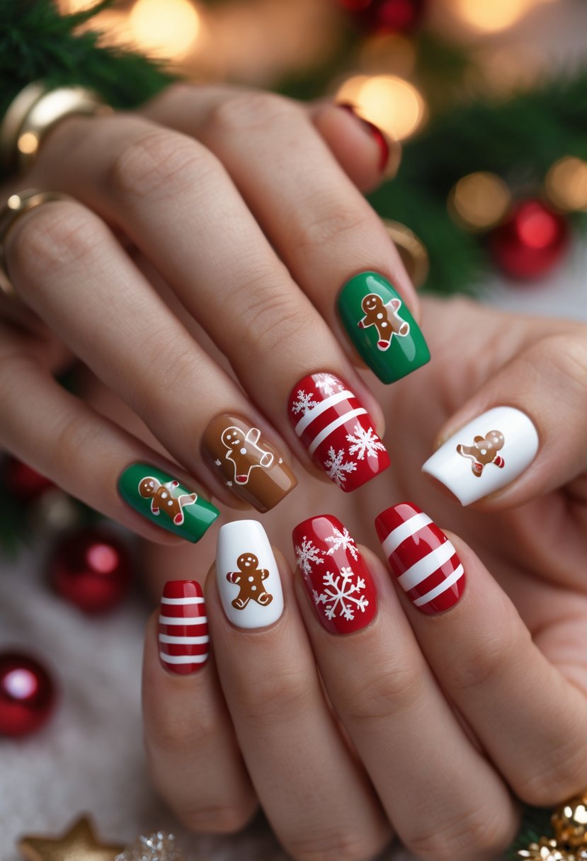 Close-up of two hands showing nails decorated with various Christmas-themed designs including gingerbread men and festive patterns.