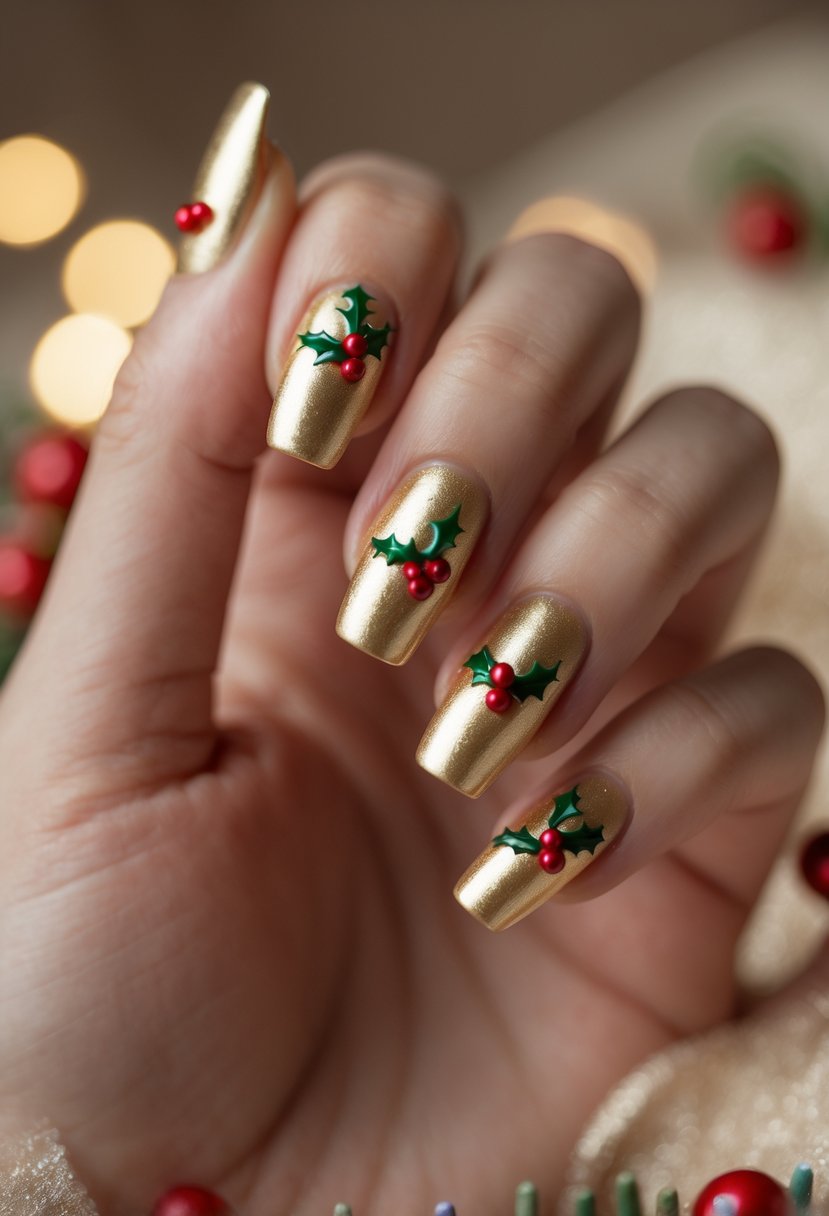 Close-up of a hand with metallic gold nails decorated with holly leaves and red berries.