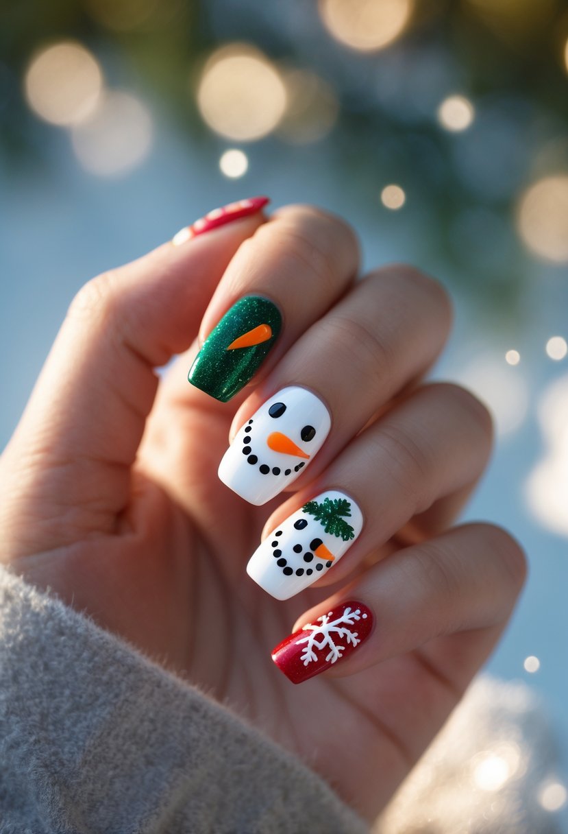 Close-up of a hand with Christmas-themed nails, including an accent nail painted with a snowman face.