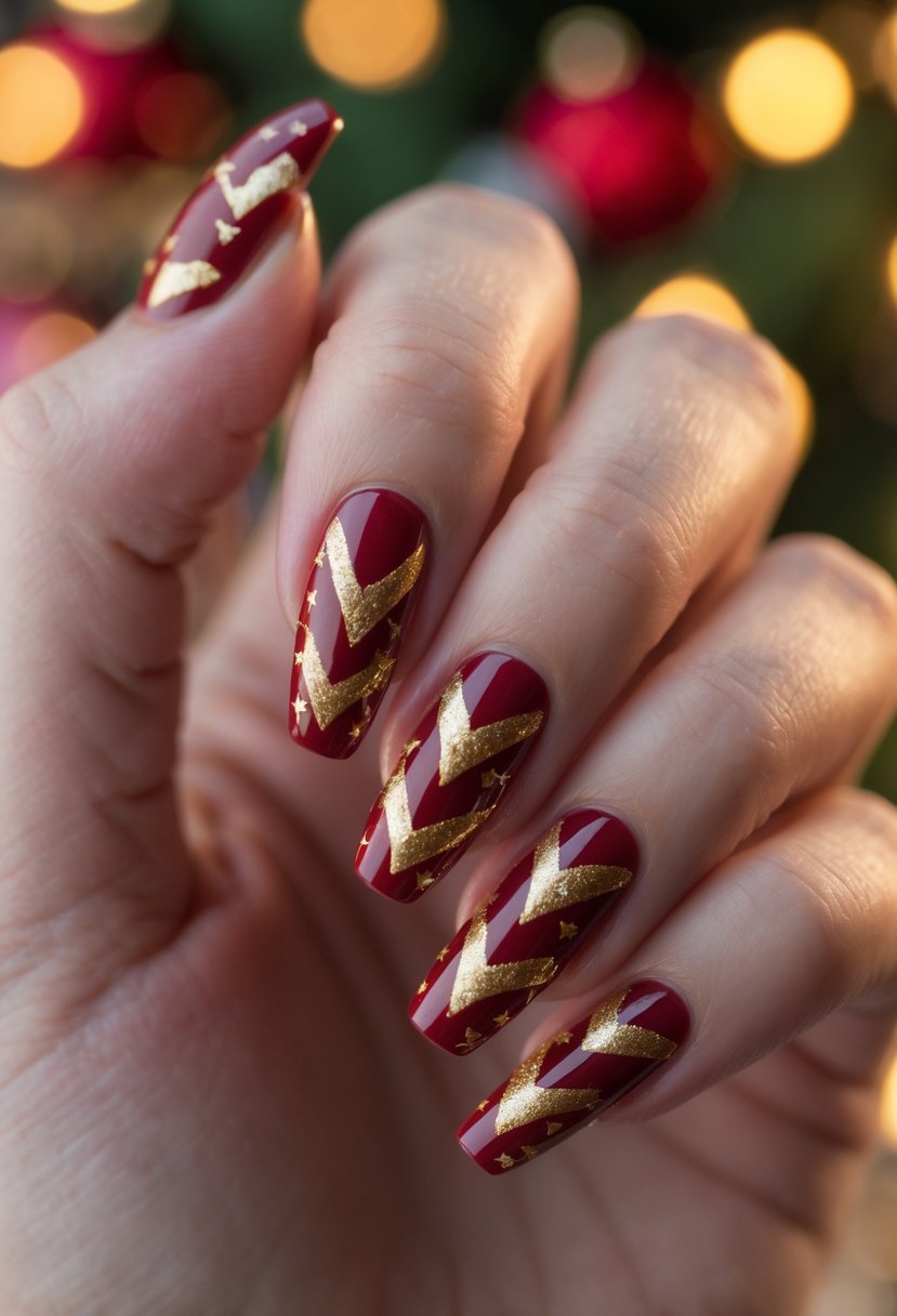 A close-up of a hand with red nails decorated with gold triangular patterns.