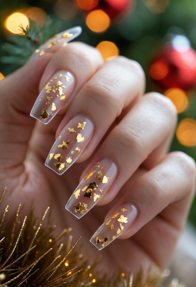 Close-up of a hand with transparent nails decorated with gold flakes.