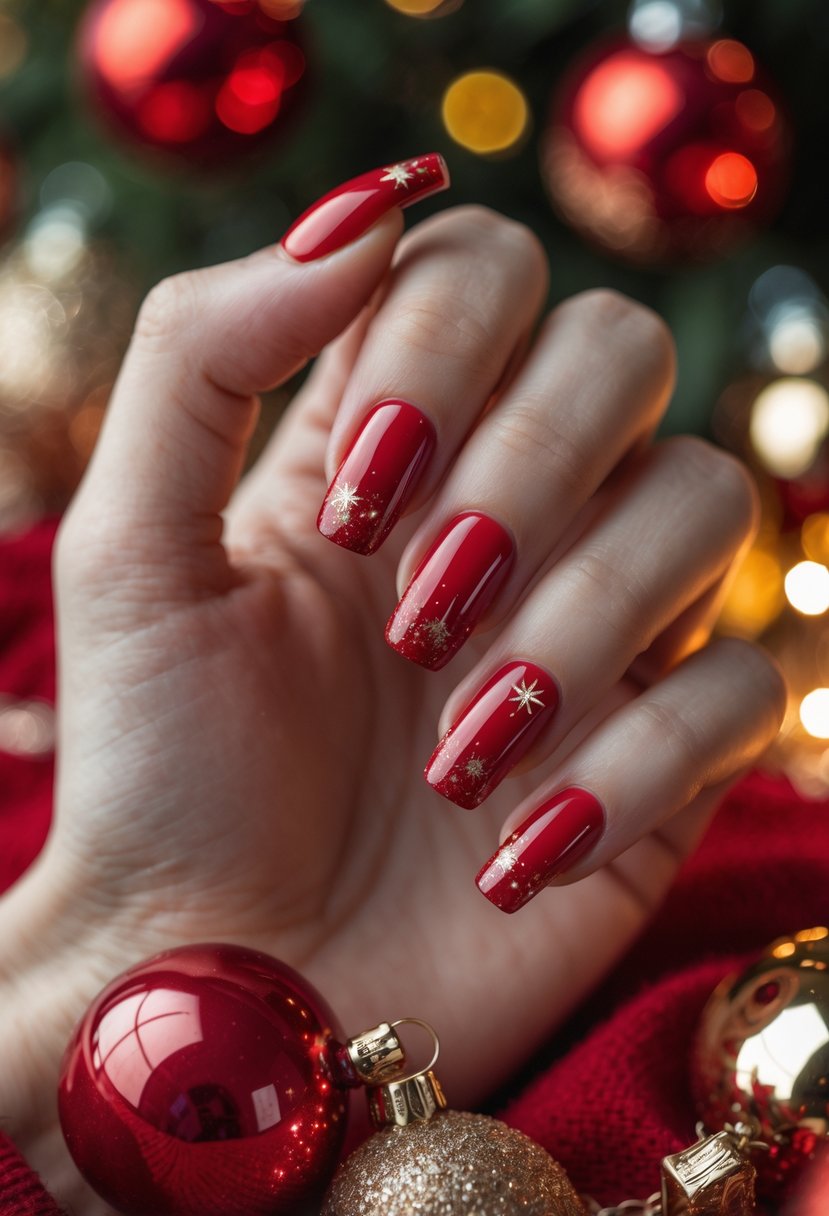 Close-up of a hand with red nails holding sparkling Christmas ornaments.