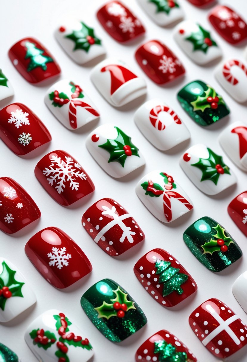 Twenty-two square-shaped nails with various Christmas-themed designs arranged on a white surface.