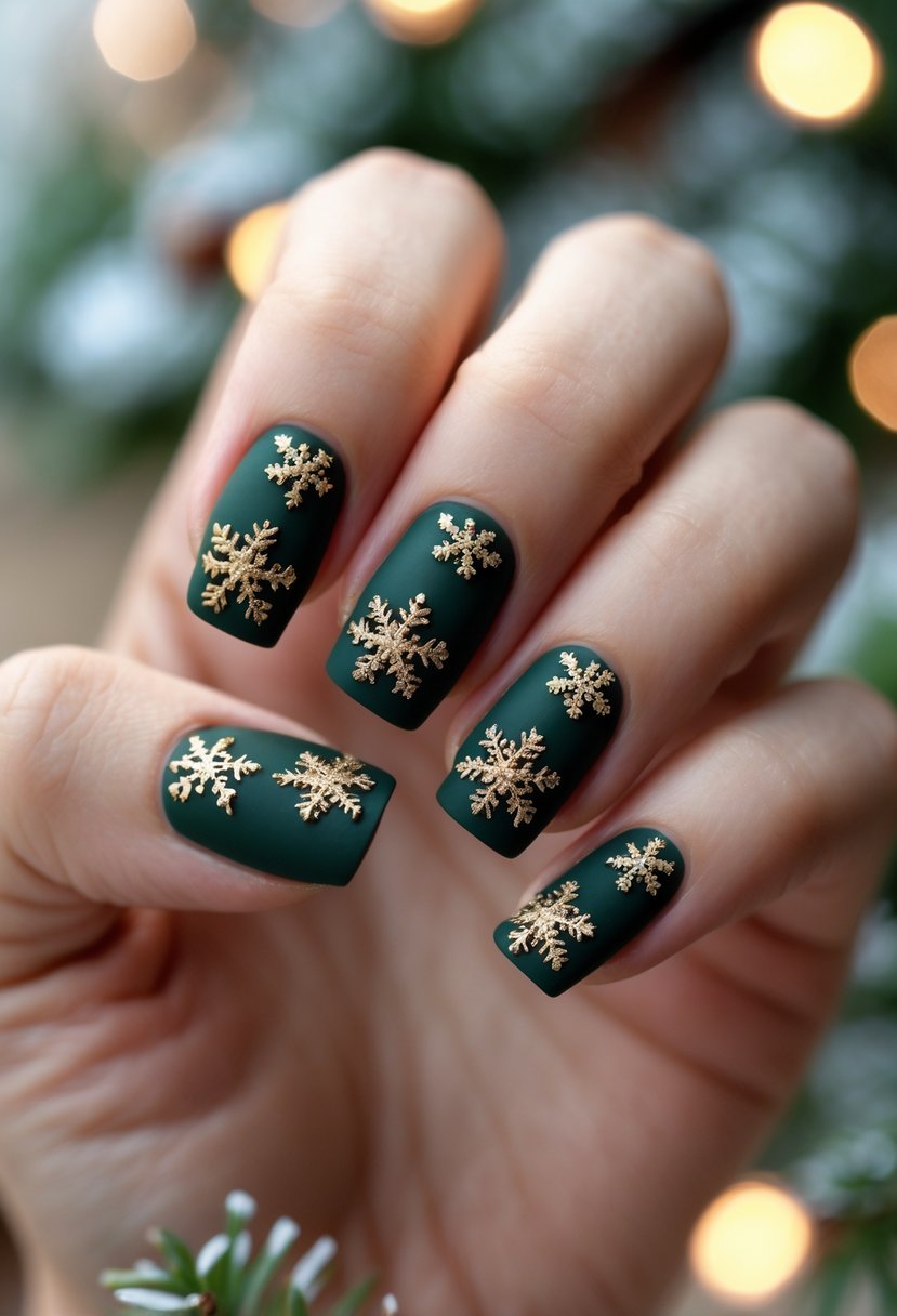 A hand with square-shaped dark green matte nails decorated with gold snowflakes.