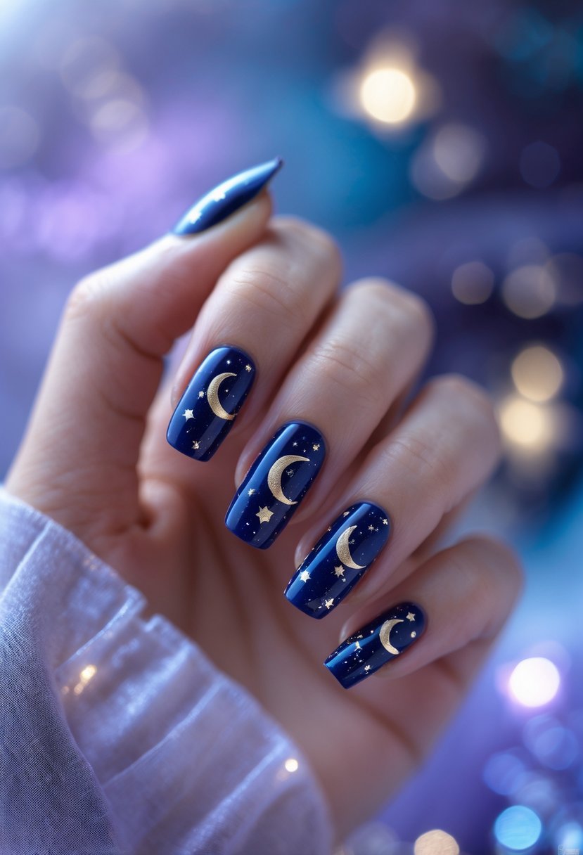 A close-up of a hand with dark blue nails decorated with star and moon designs.