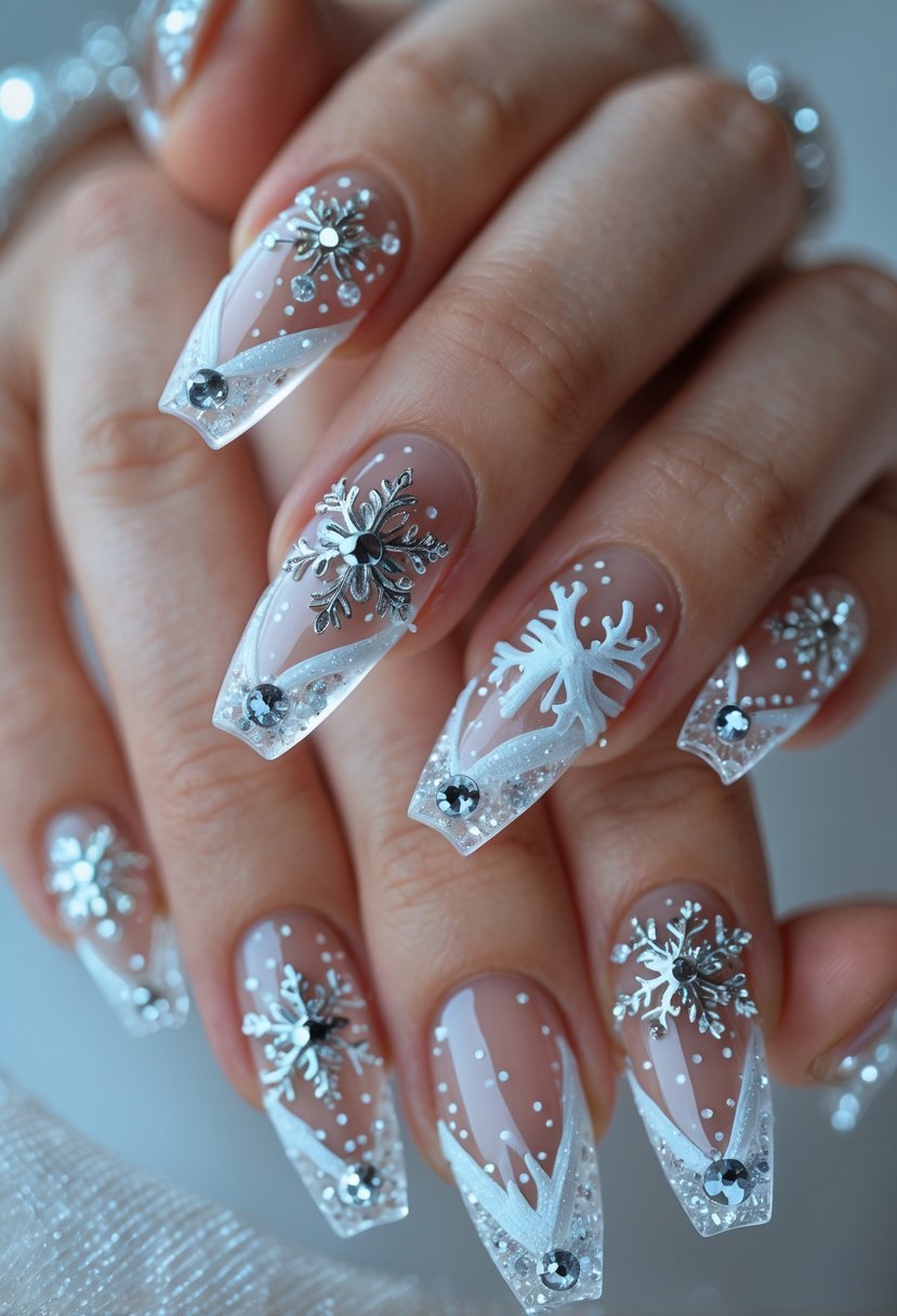 Close-up of a hand with long clear acrylic nails decorated with crystal embellishments and winter-themed designs.