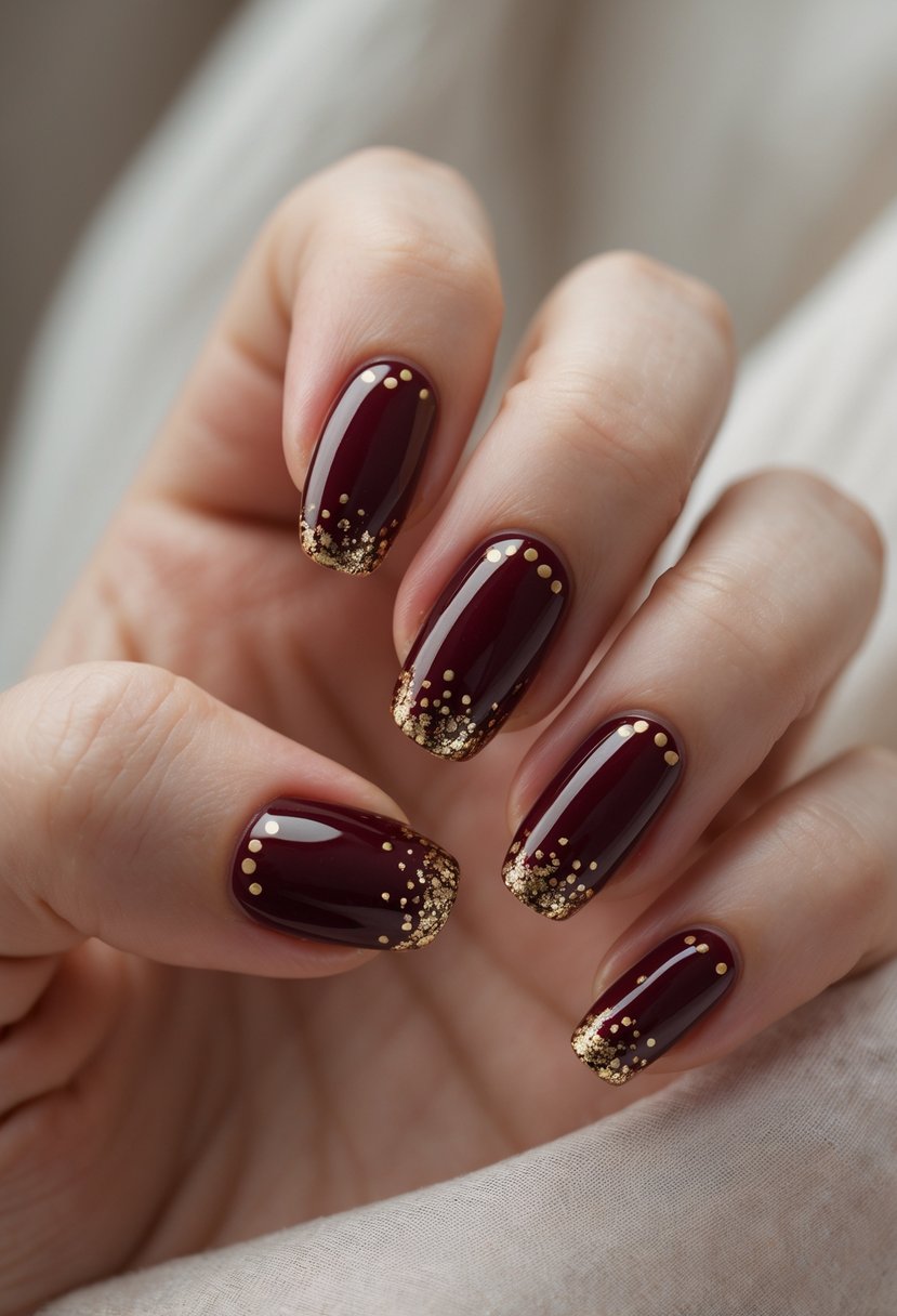 Close-up of a hand with garnet red nails decorated with small gold dots.