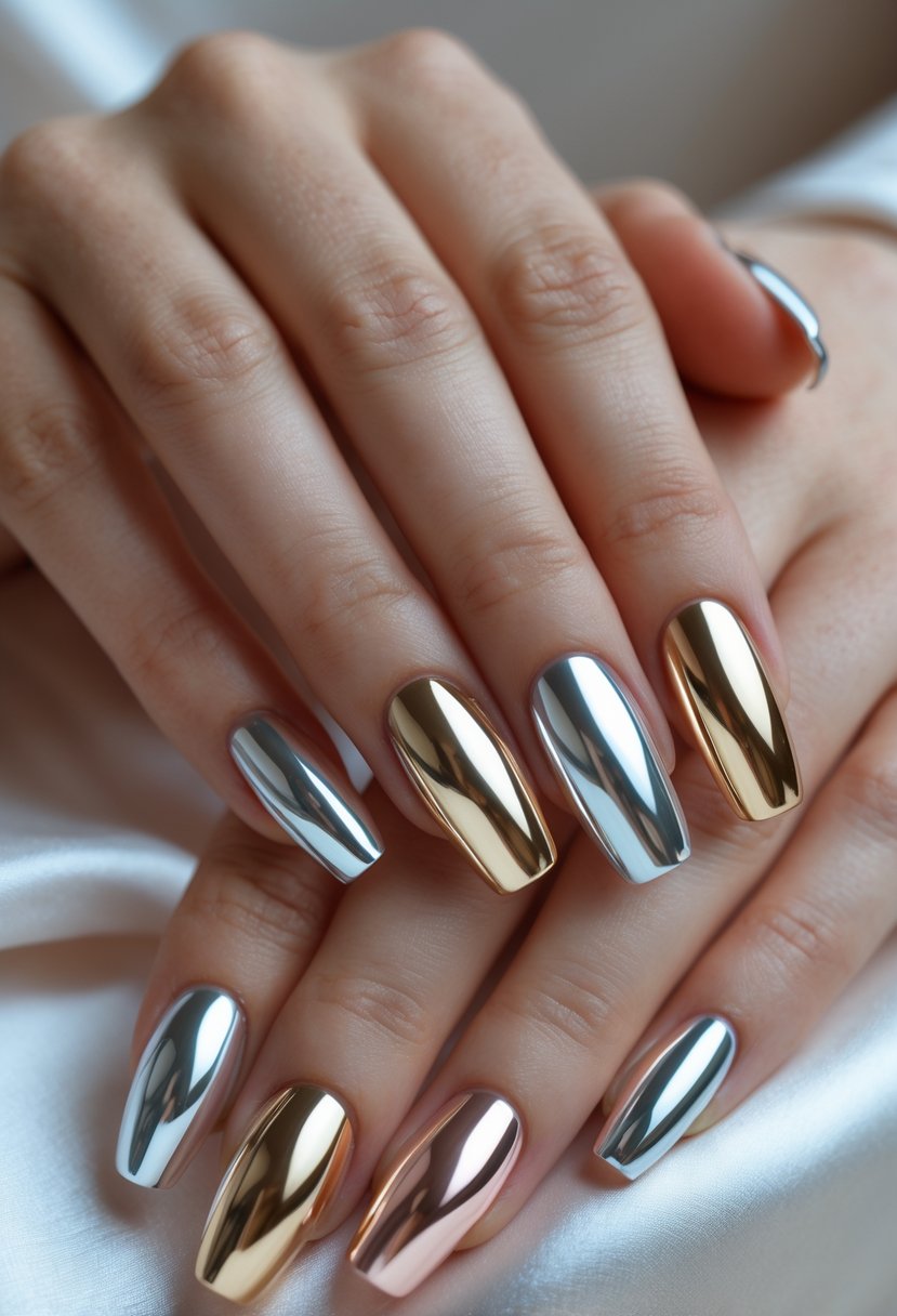 Close-up of hands with 20 shiny gradient chrome nails in silver, gold, and rose gold colors.