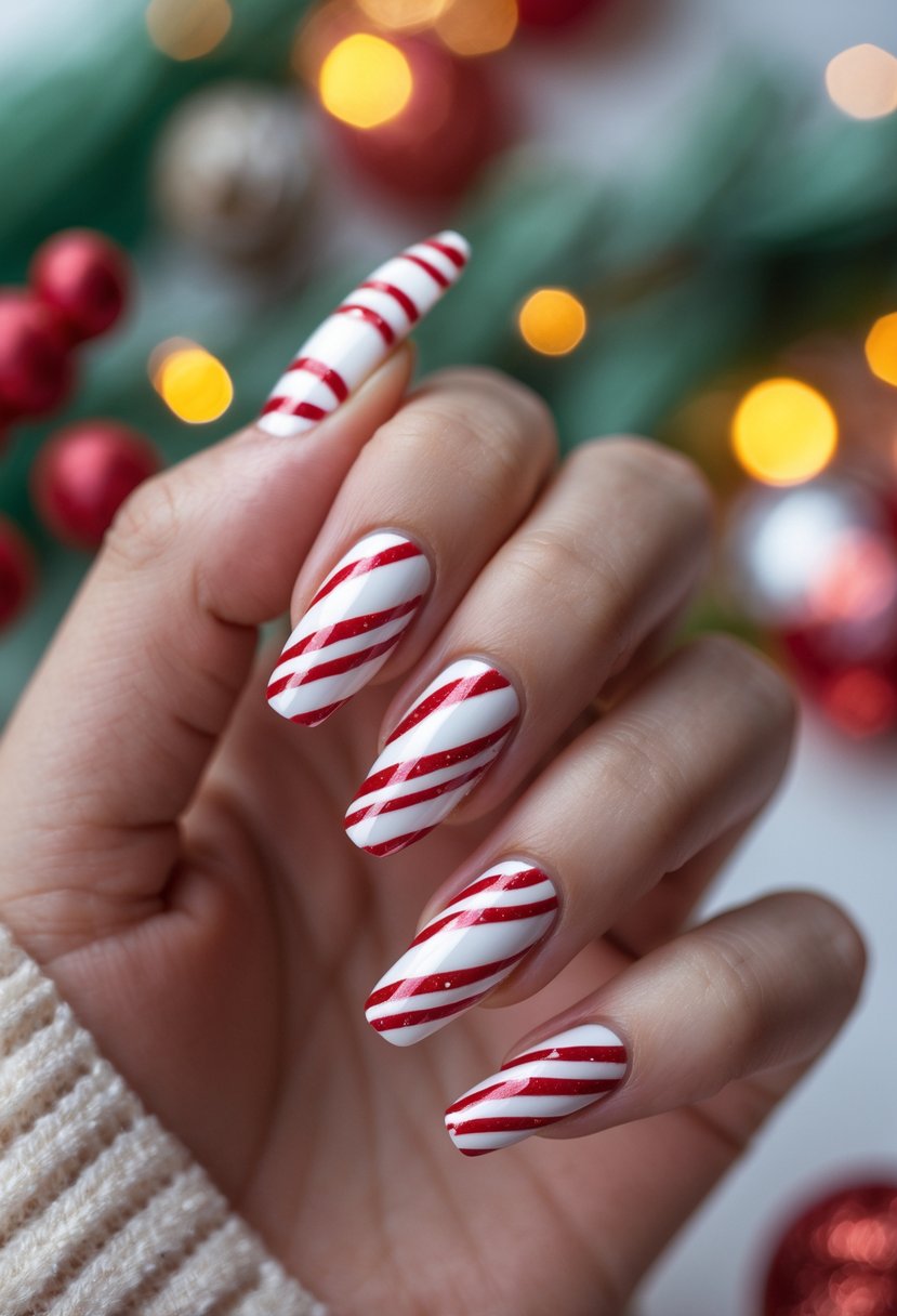 Close-up of a hand with red and white striped candy cane nail art against a festive background with Christmas decorations.