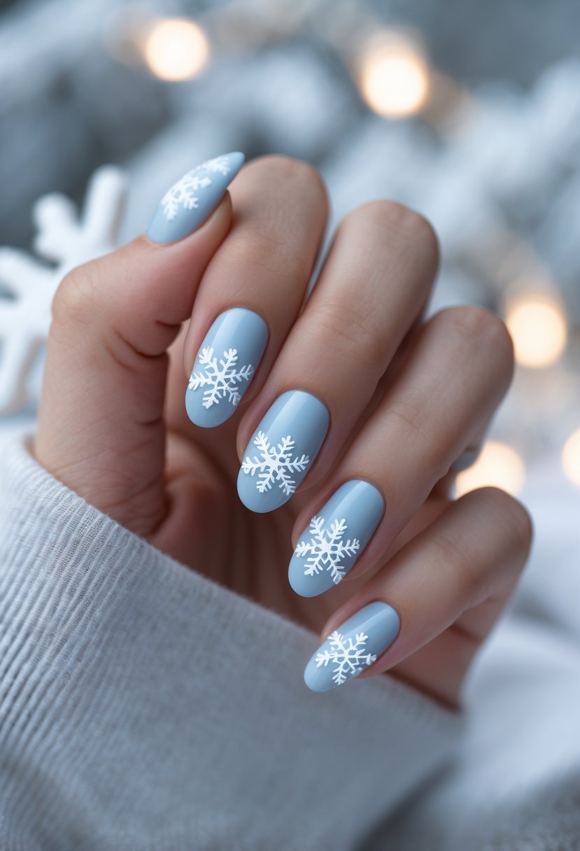 Close-up of a hand with pale blue nails decorated with white snowflake designs.