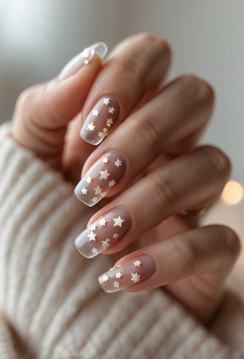 Close-up of a hand with clear nails decorated with tiny star shapes embedded inside.