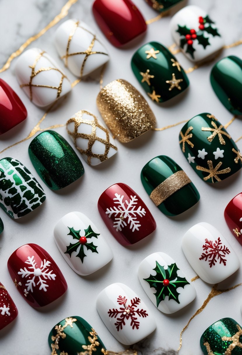 Close-up of 18 festive Christmas-themed nails arranged on a white marble surface with gold veins.