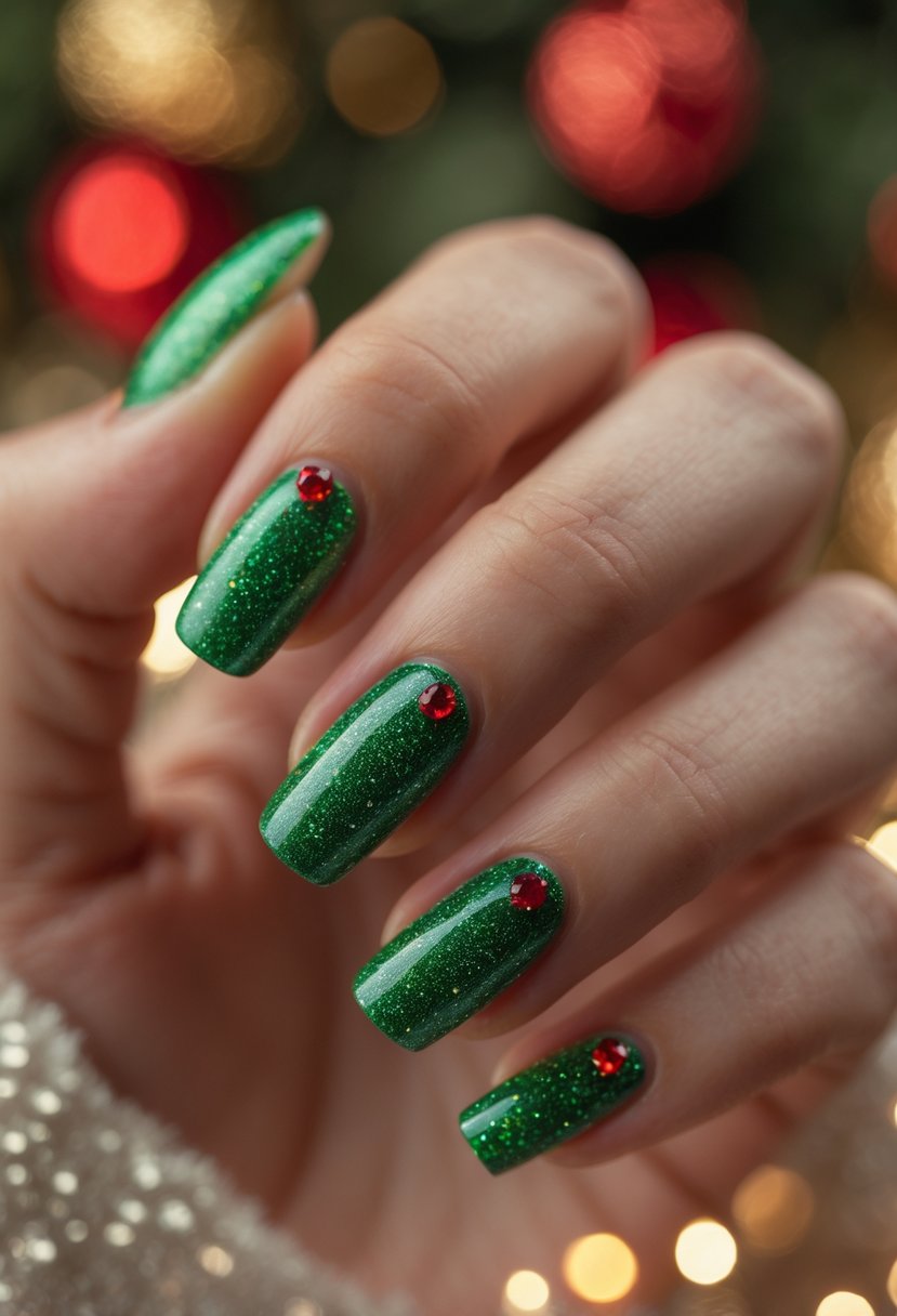 Close-up of a hand with sparkly green nails decorated with small red gems.
