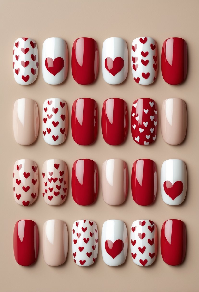 Eighteen nails with red heart designs on a beige background arranged neatly.