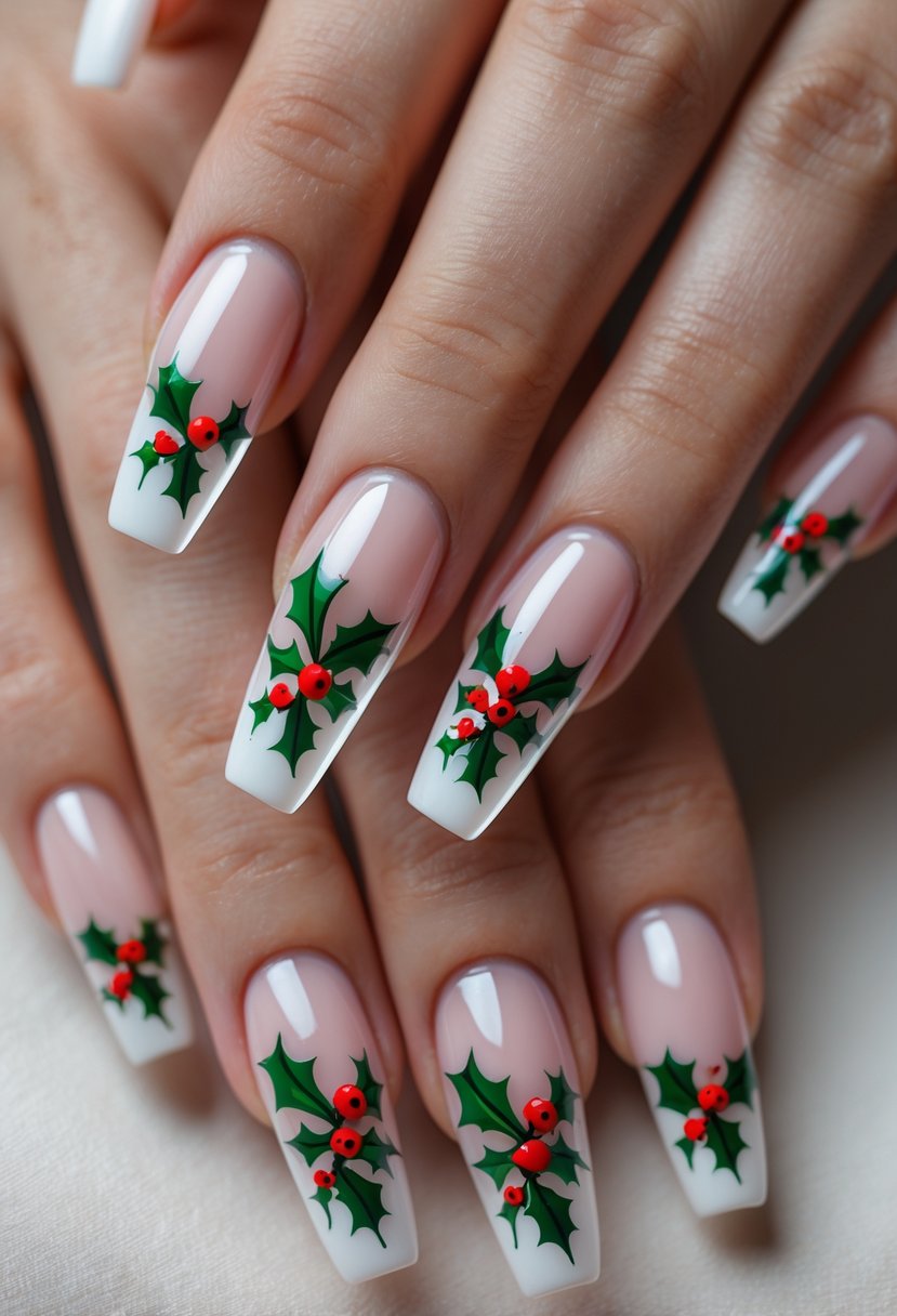 Close-up of hands showing clear nails with white French tips and holly designs.