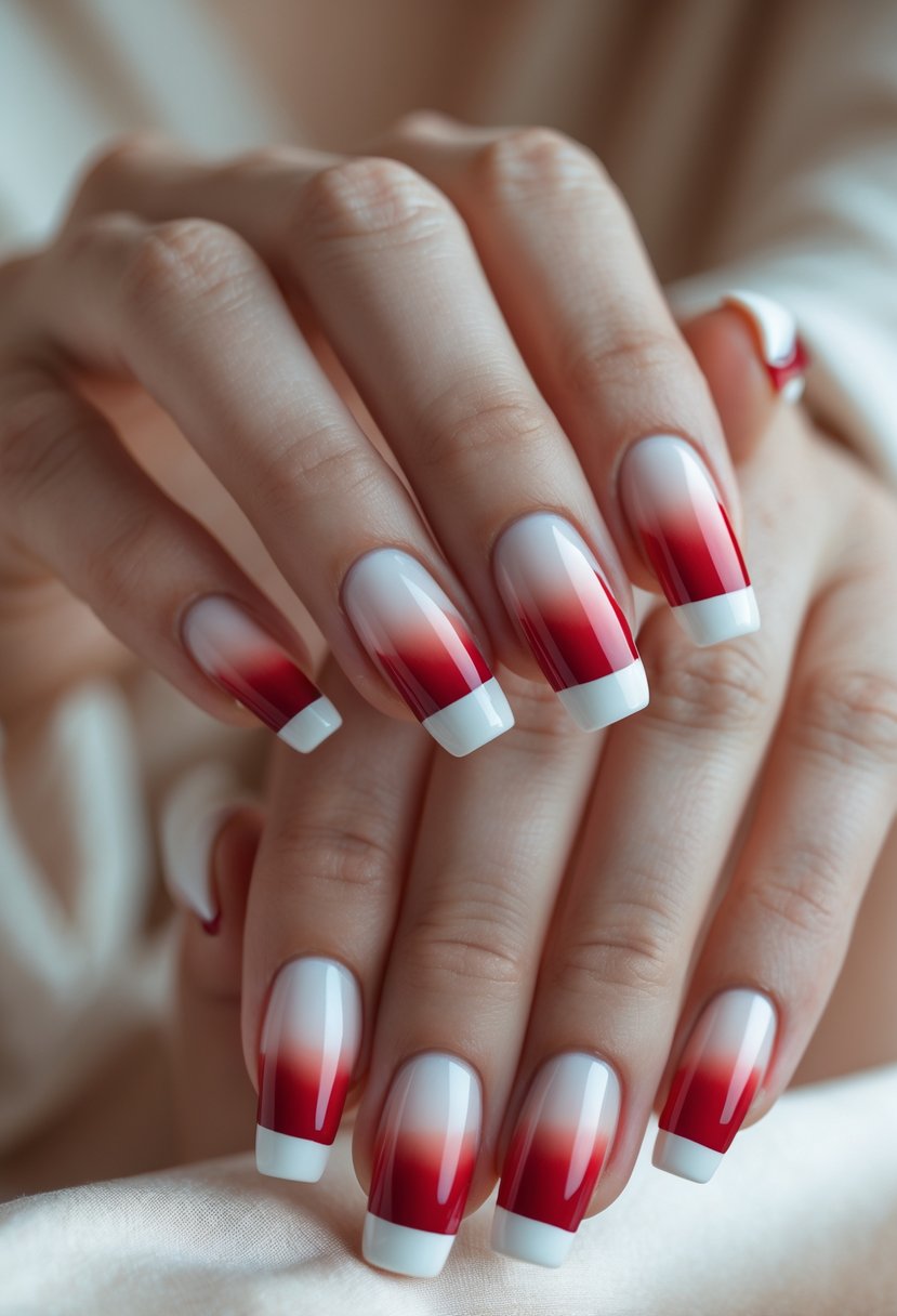 Close-up of hands with French tip nails fading from white to deep red.