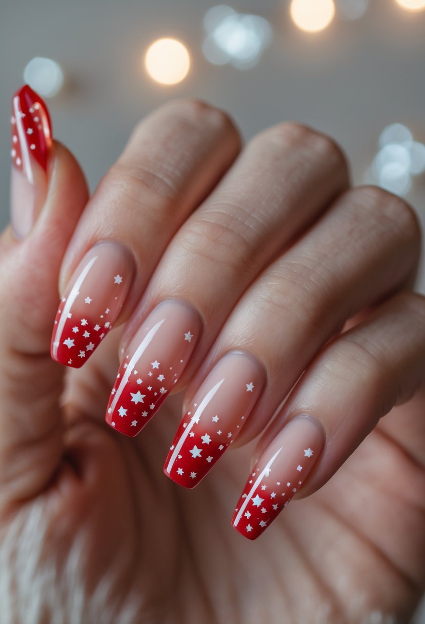 A hand with translucent nails featuring red French tips and small white star decorations.