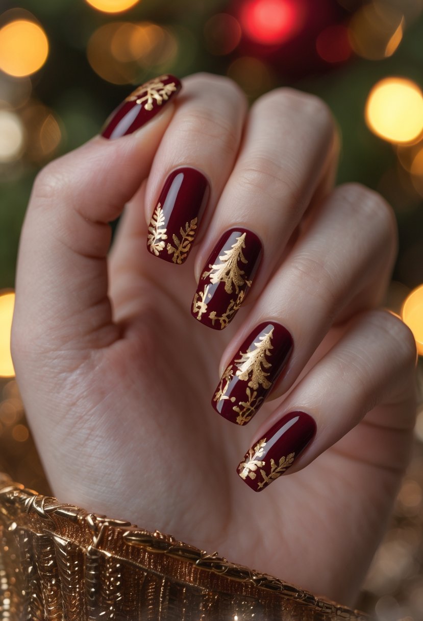 Close-up of a hand with deep red nails decorated with gold foil details.