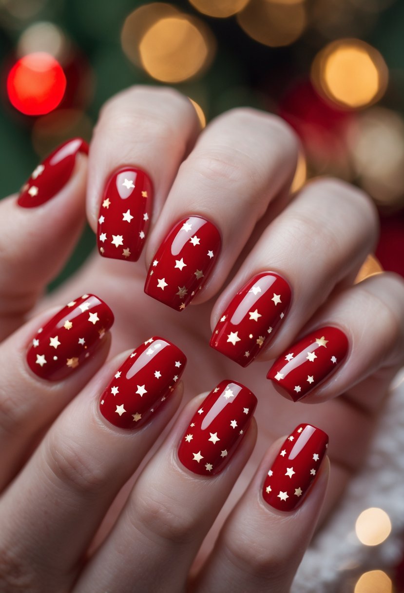 Close-up of a hand with glossy red nails decorated with tiny white and gold stars.