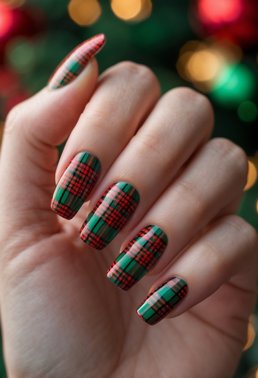 A close-up of a hand showing 21 nails painted with red and green plaid patterns.