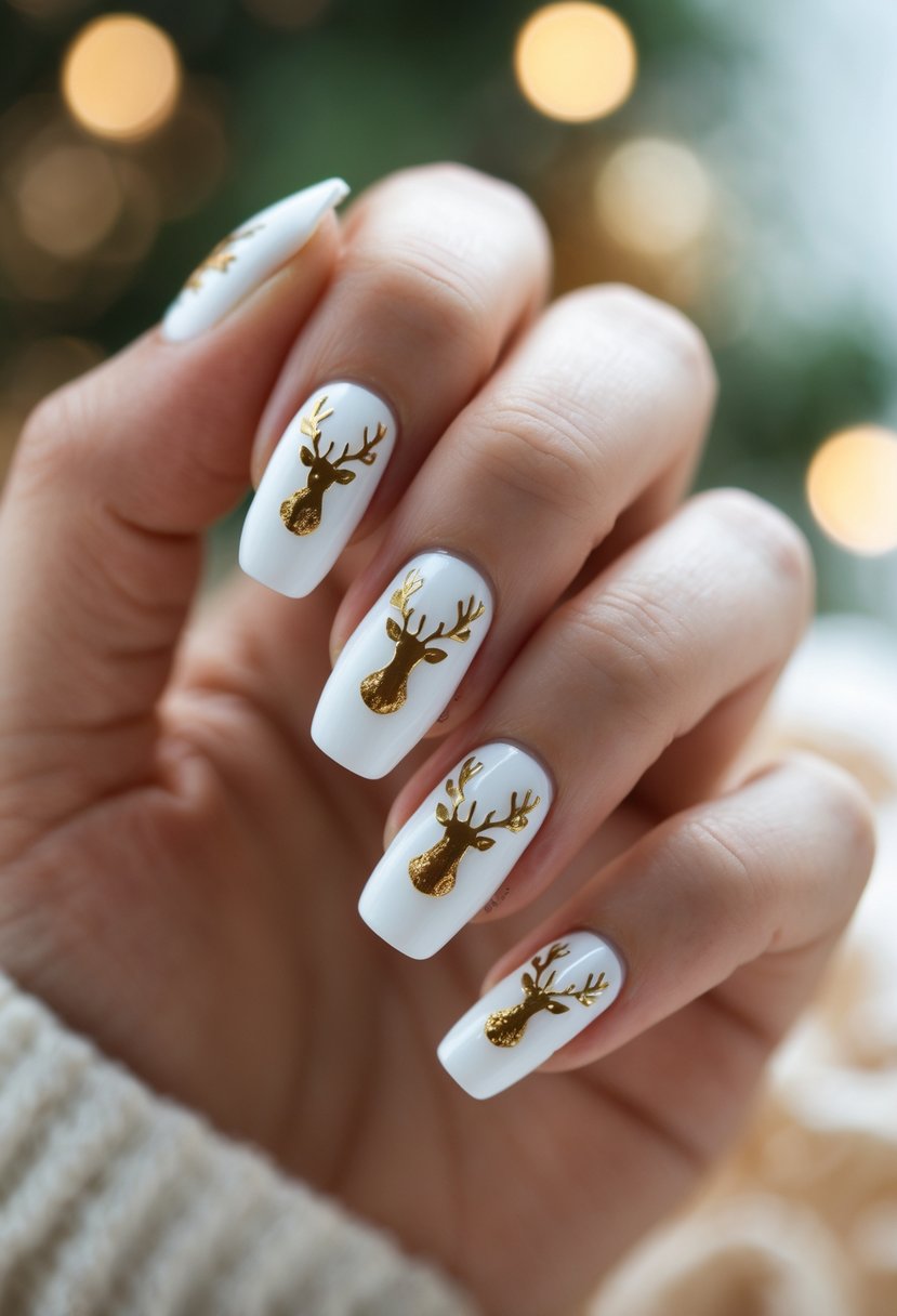 Close-up of a hand with white nails decorated with gold reindeer designs.