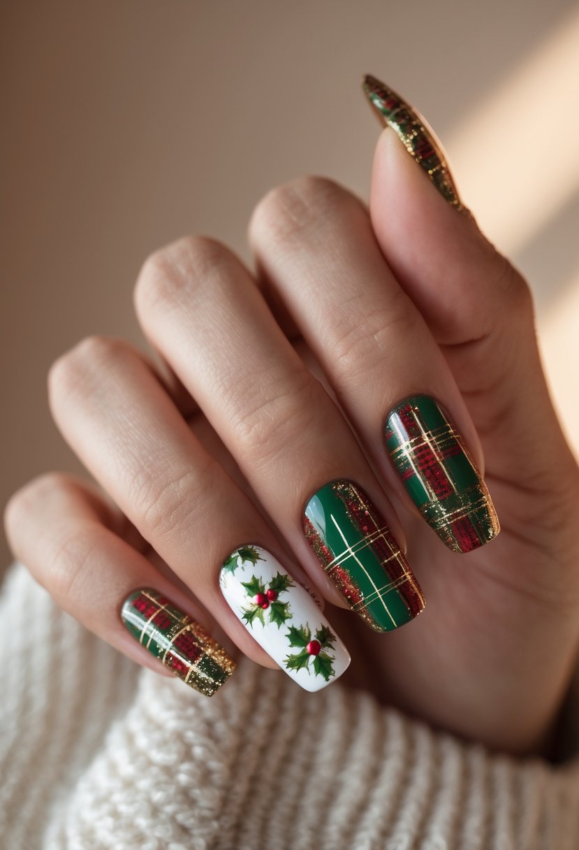 Close-up of a hand showing nails painted with different festive plaid patterns in holiday colors.