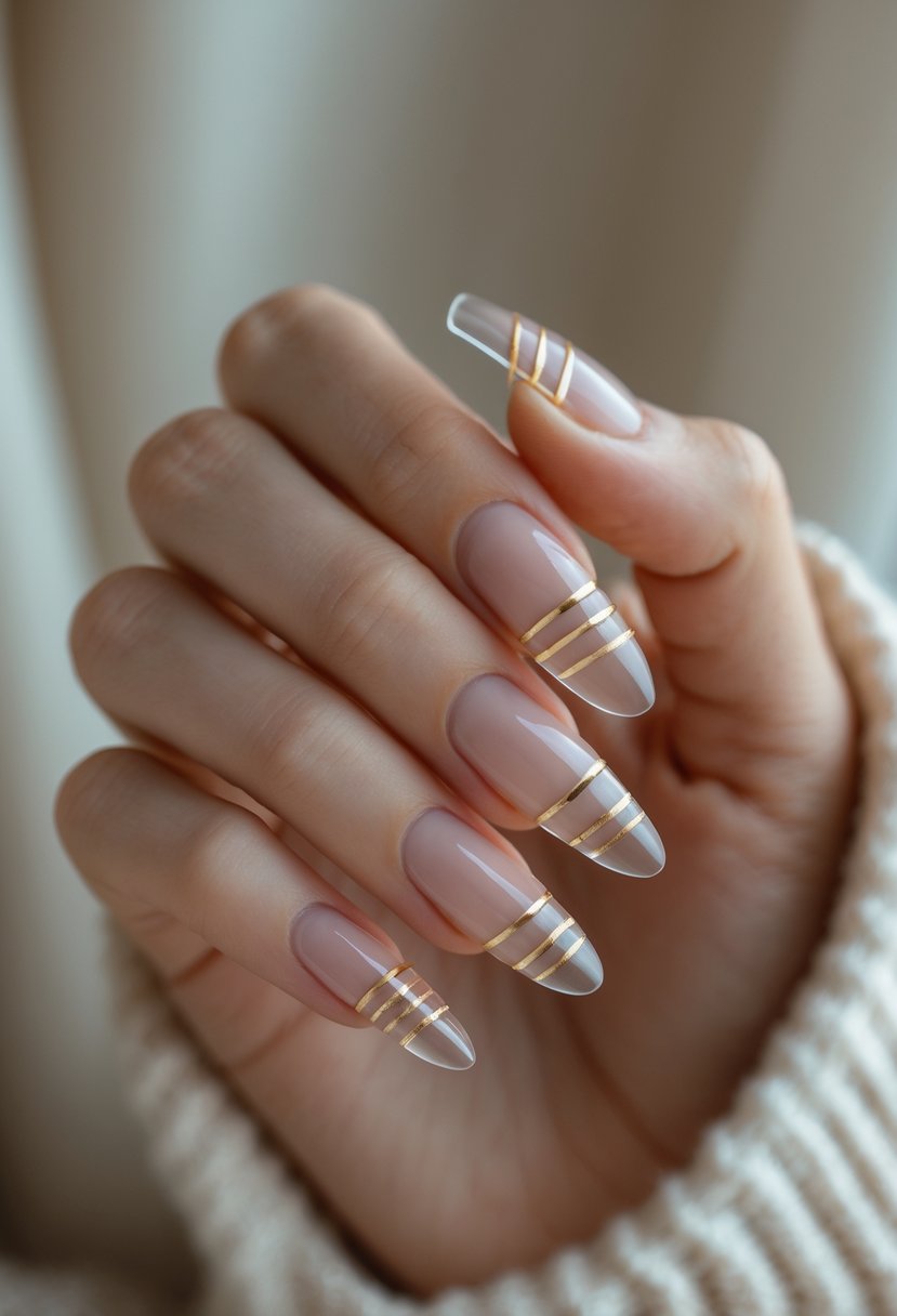 Close-up of a hand showing clear nails with thin gold line designs against a neutral background.