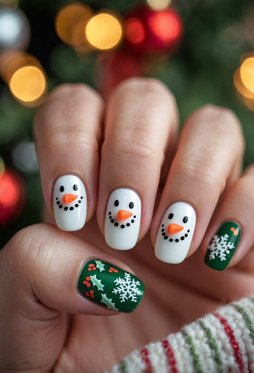 Close-up of a hand with holiday-themed nails featuring snowman faces and festive Christmas designs.