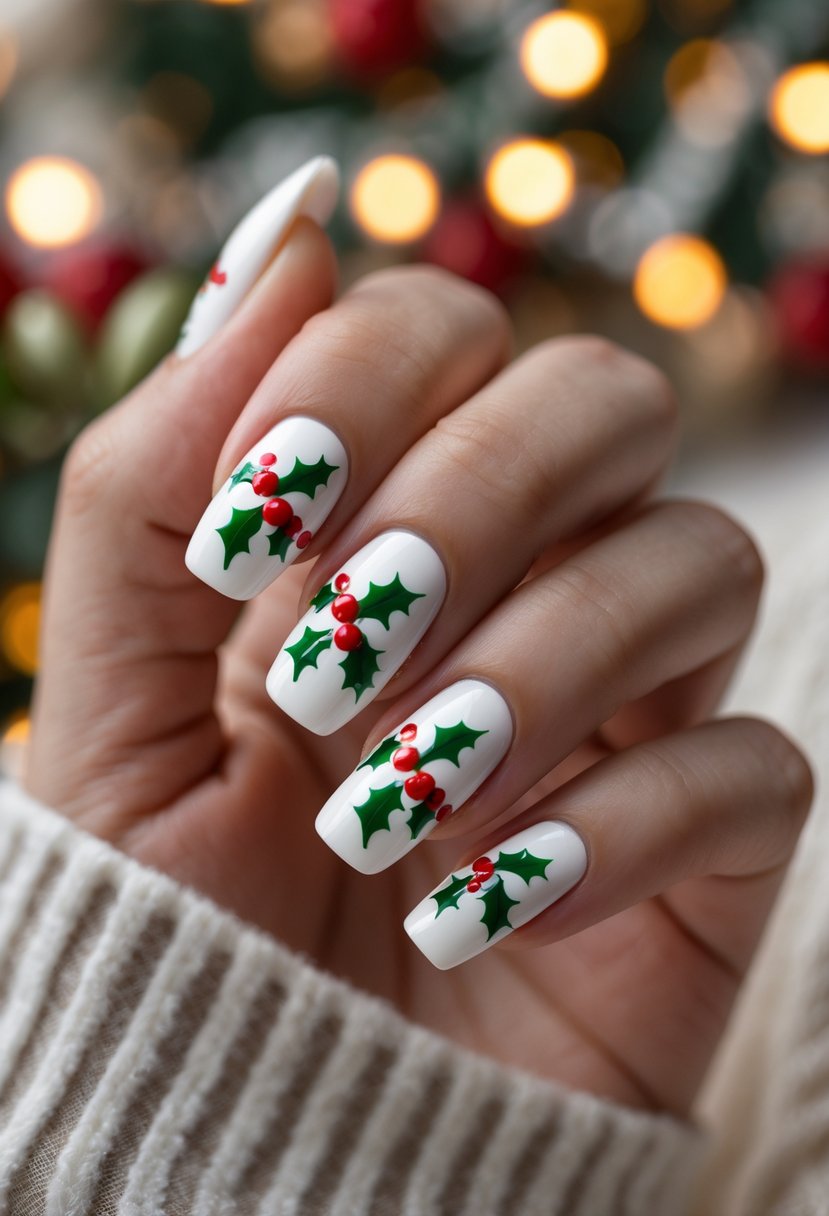 A close-up of a hand with glossy white nails decorated with red holly berries and green leaves.