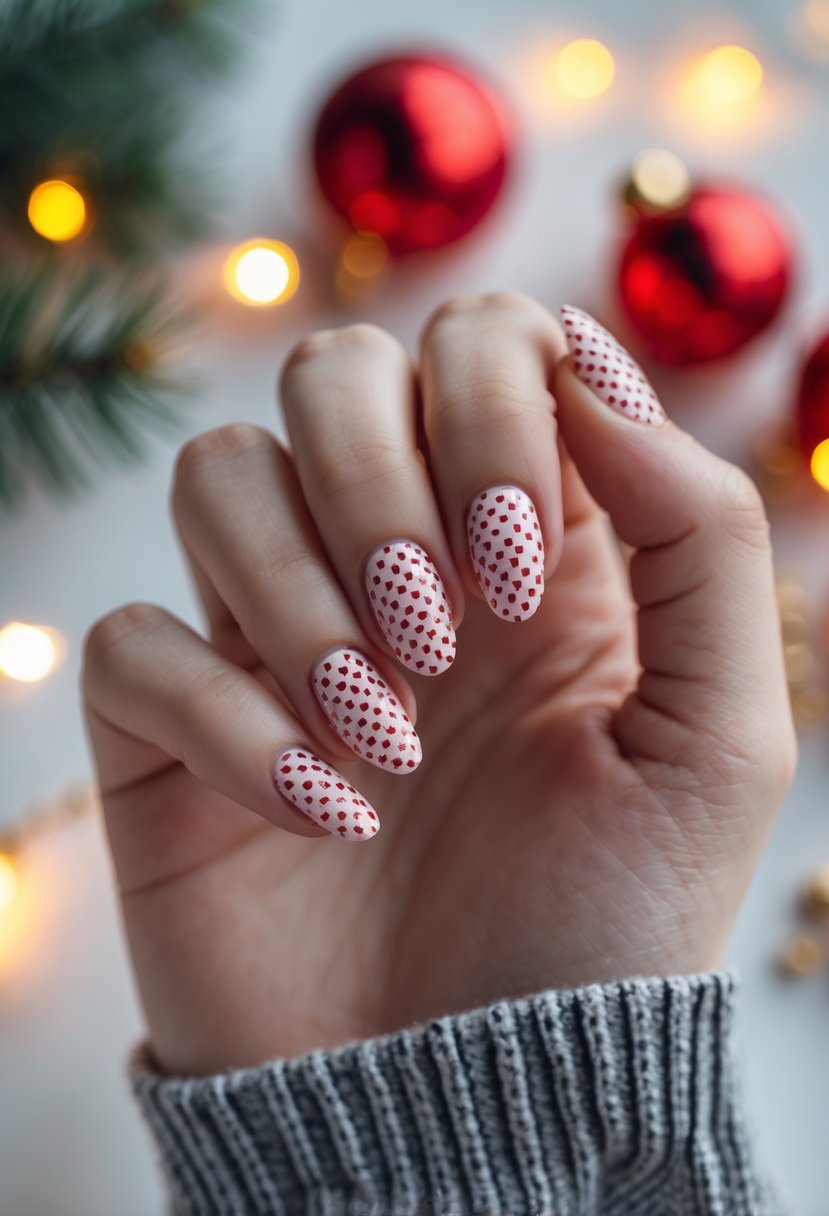 Close-up of hands with red and white checkerboard patterned nails surrounded by holiday decorations.