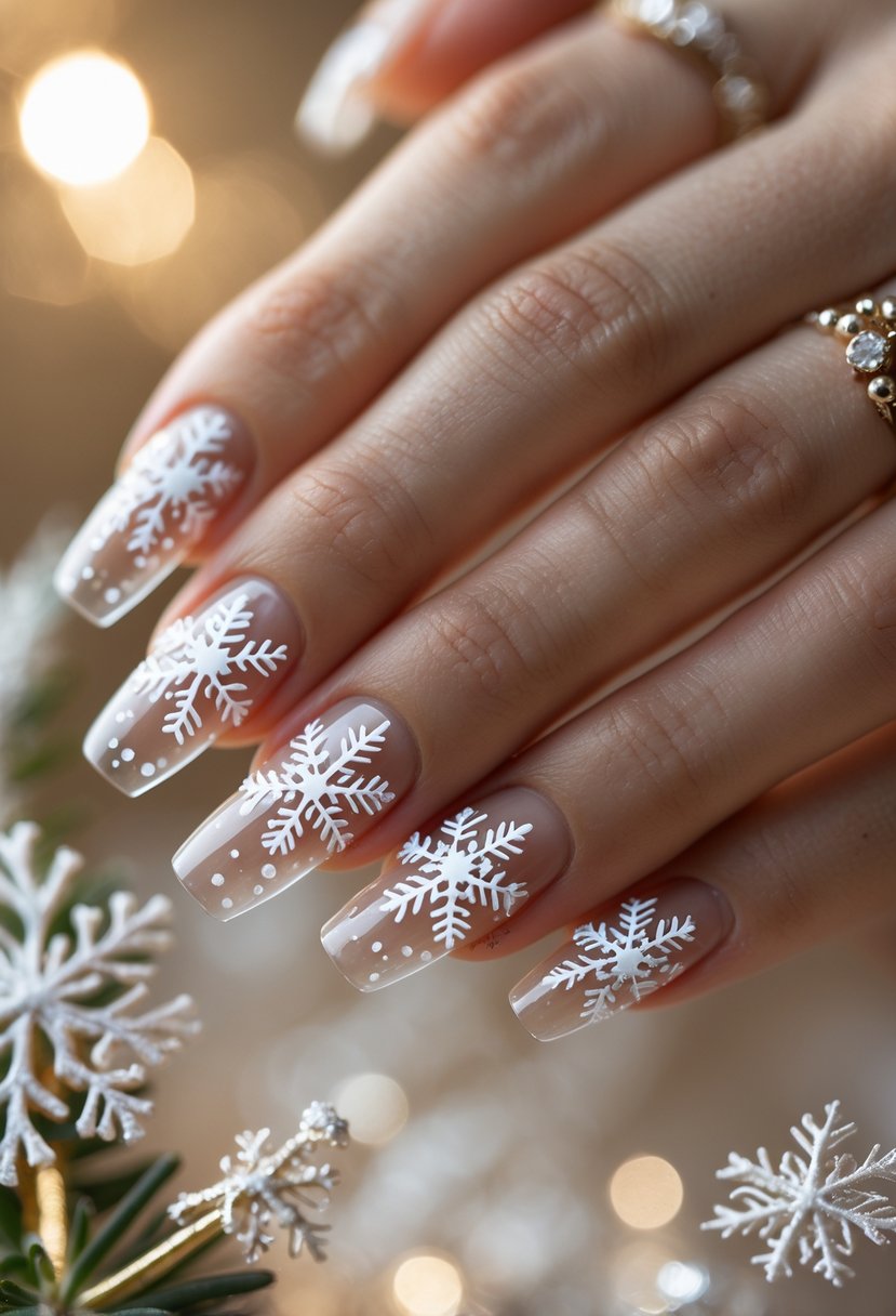 Close-up of 23 hands with transparent nails decorated with white snowflake patterns.