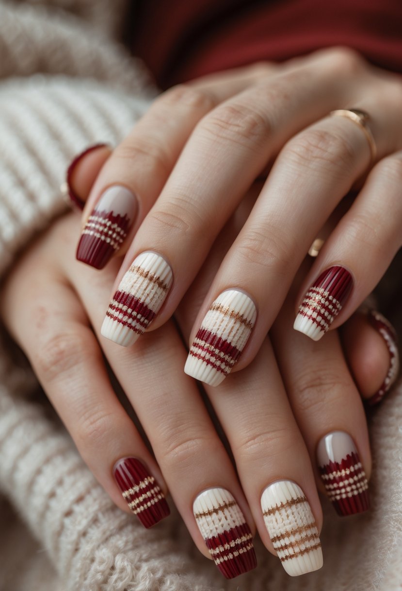 Close-up of hands with nails painted in cozy sweater texture designs in warm winter colors.