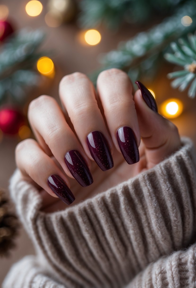Close-up of hands with deep burgundy nails featuring subtle sparkle, held against a softly lit winter holiday background.