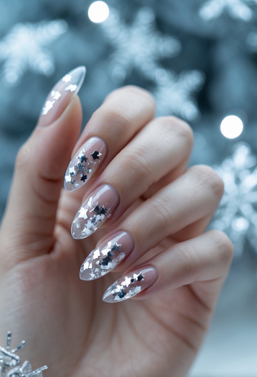 Close-up of a hand with translucent nails decorated with silver foil flakes against a soft winter background.
