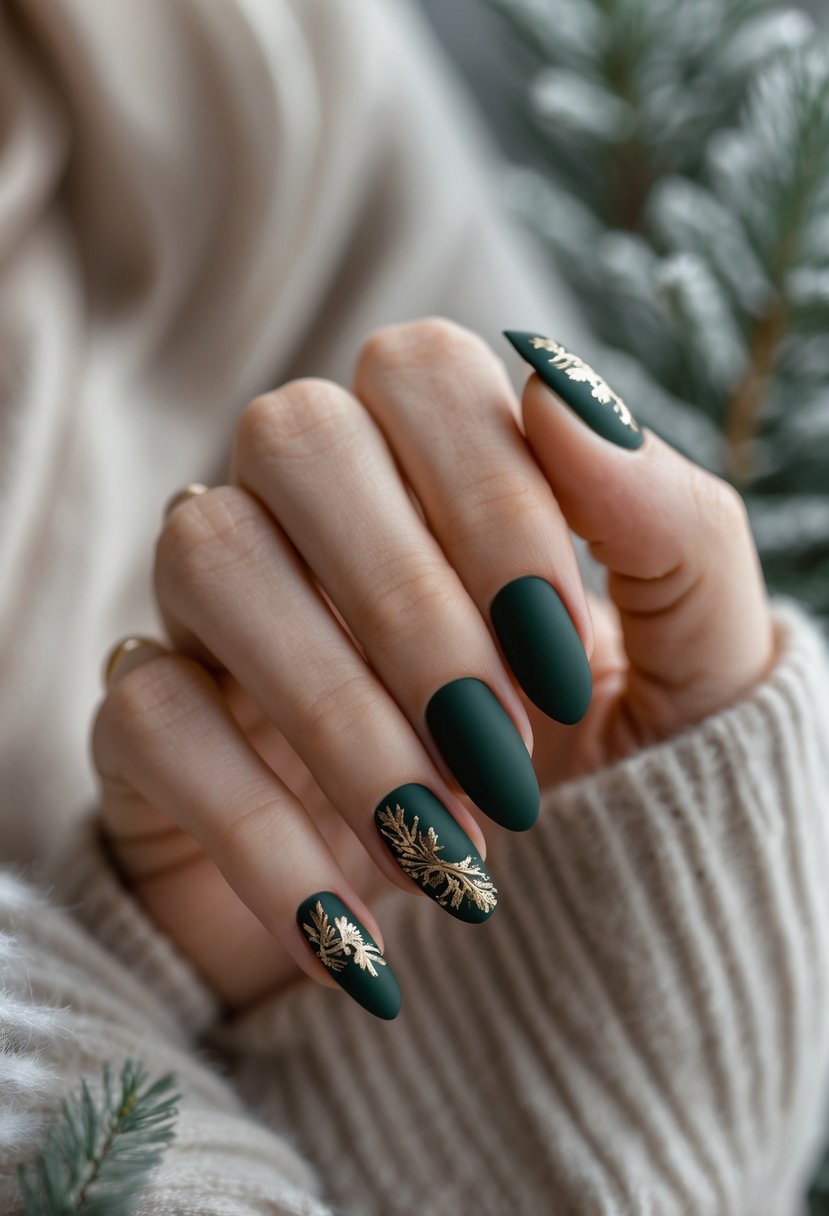 Close-up of hands with dark green matte nails decorated with gold leaf accents.