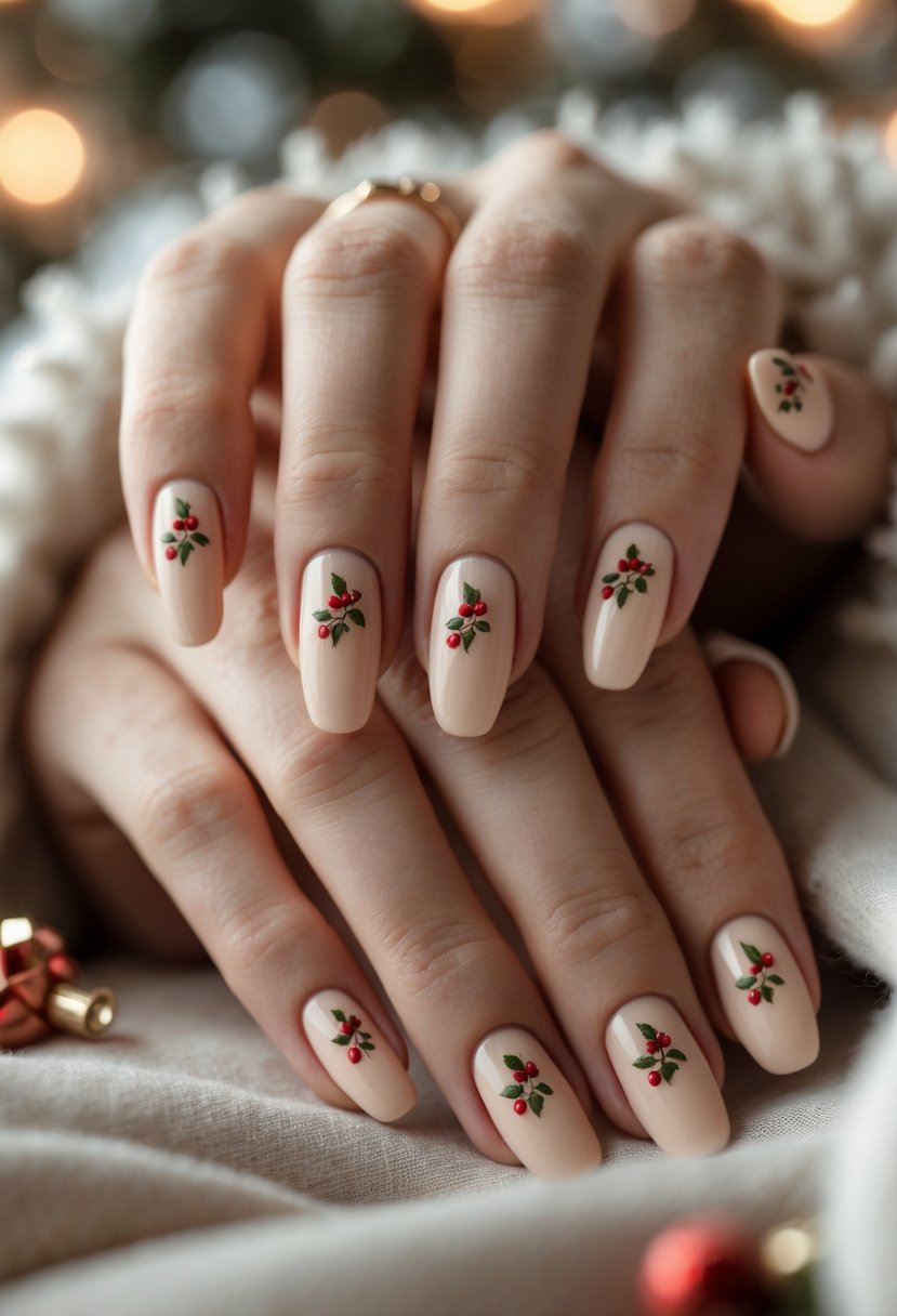 Close-up of hands with beige nails decorated with small red berry designs.