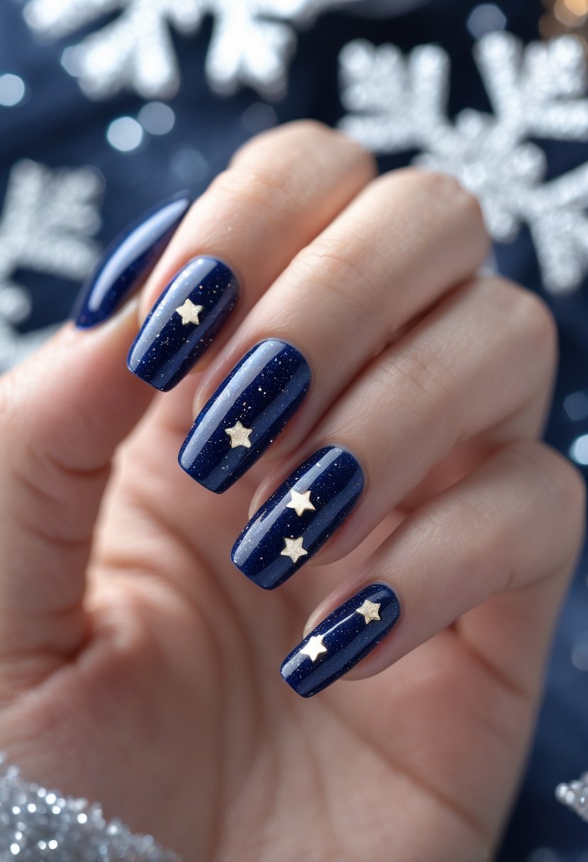 Close-up of hands with glittery navy blue nails decorated with star-shaped confetti.