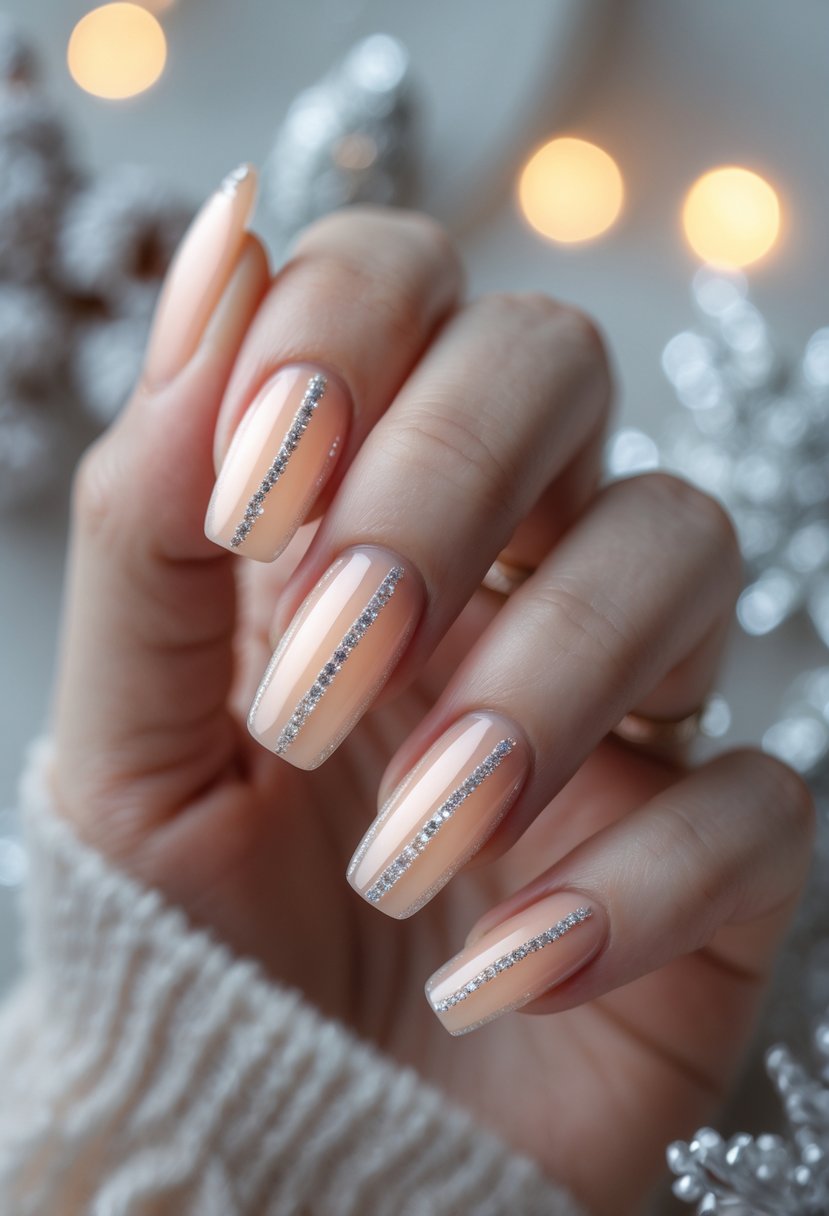 A hand with frosted peach nails decorated with silver stripes against a soft winter-themed background.
