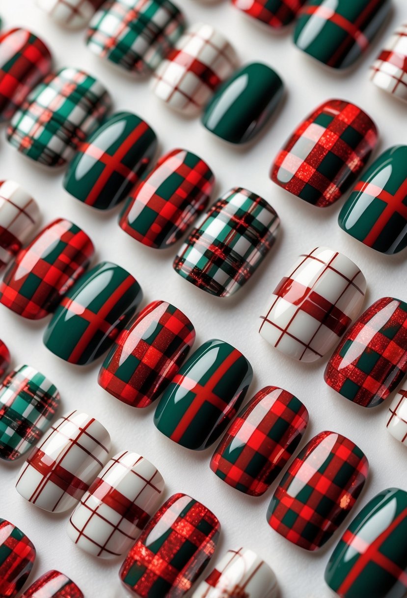 A set of fingernails painted with red and green plaid patterns arranged neatly on a plain background.
