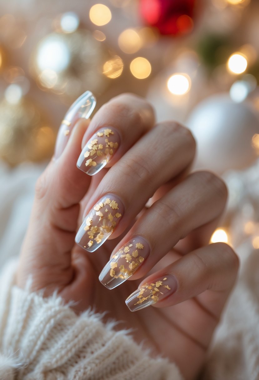 Close-up of a hand with clear nails containing gold flakes, surrounded by blurred holiday decorations.