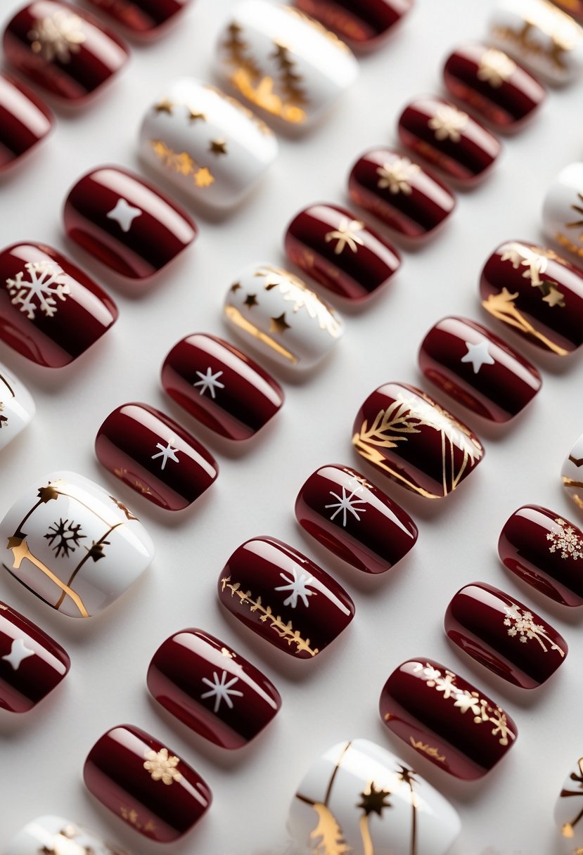 Close-up of a set of red holiday-themed nails with delicate gold line designs on a festive background.