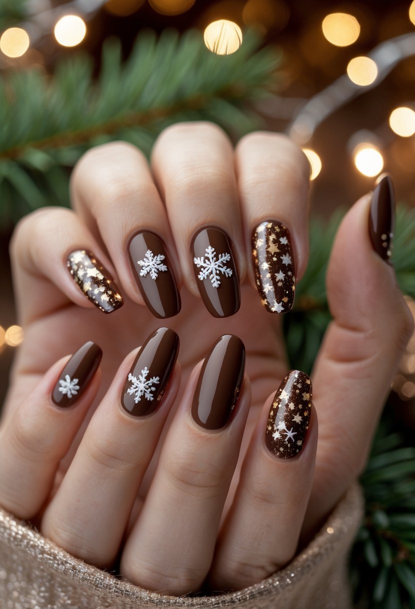 Close-up of a hand with chocolate brown nails decorated with shimmering holiday and winter designs.