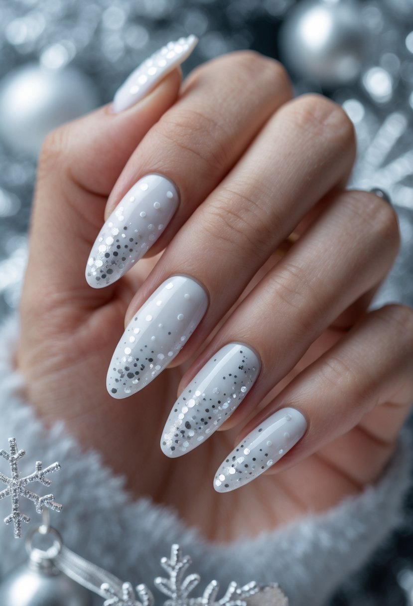 A hand with glossy white nails decorated with silver dots resembling snowfall.