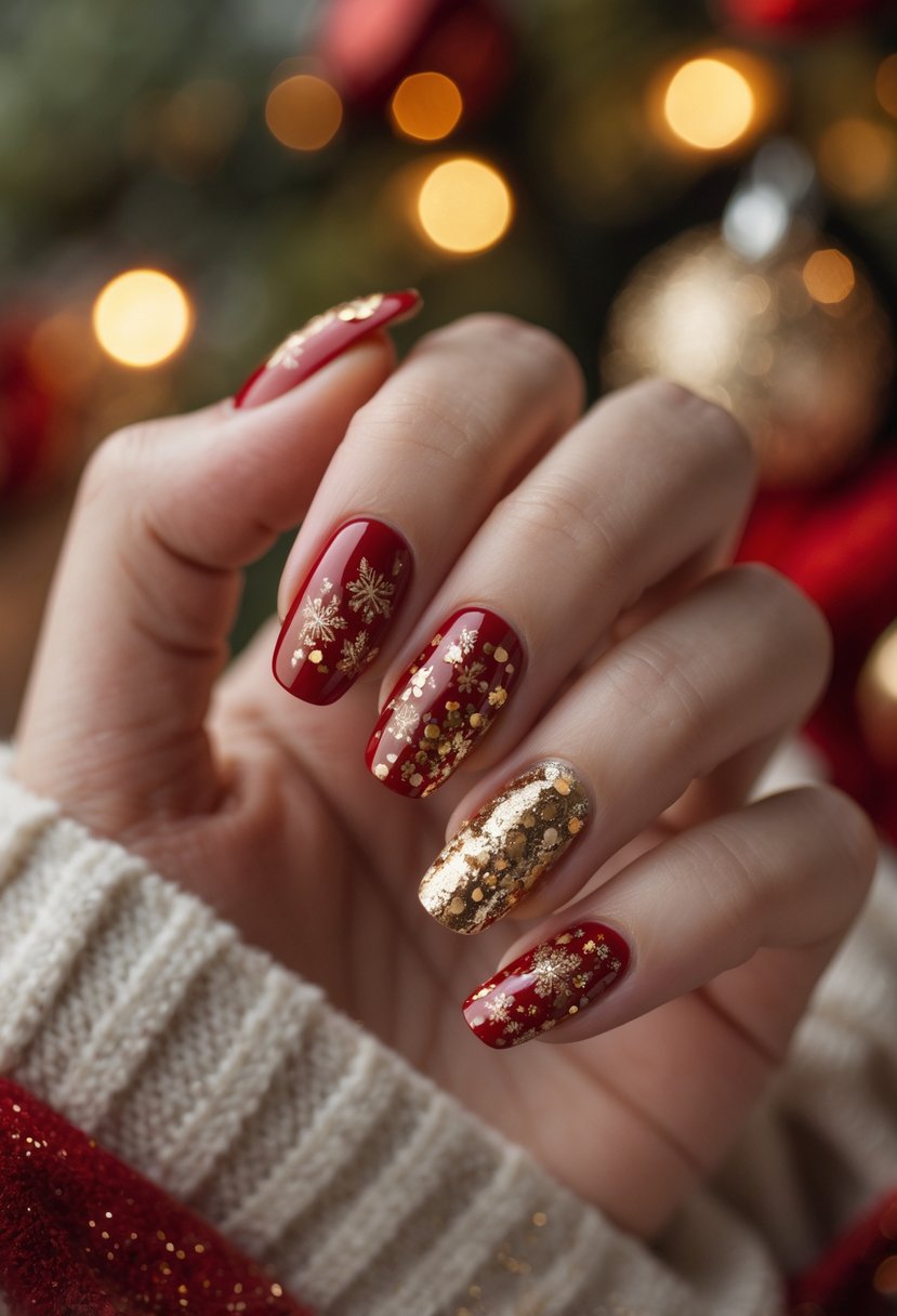 A hand with 25 red nails decorated with gold glitter and festive holiday designs.