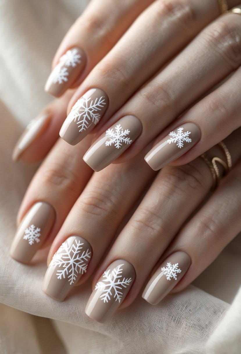 A collection of fingernails painted in neutral beige with subtle white snowflake designs arranged on a soft background.