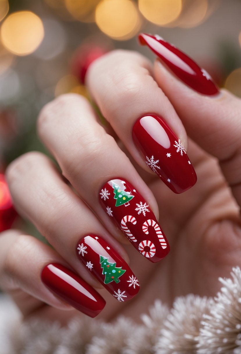 Close-up of a hand with glossy red nails decorated with various holiday-themed icons.